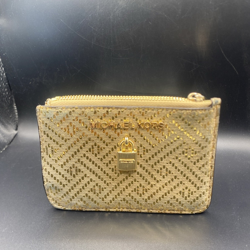 Michael Kors ADELE Leather Top Zip CoinPouch ID Card‎ Case Gold & Silver Tones